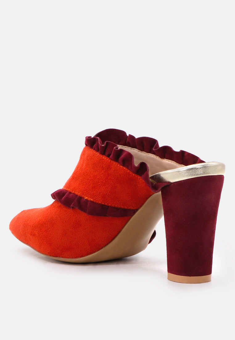 venessa blush high heel pointed mules with ruffles#color_red