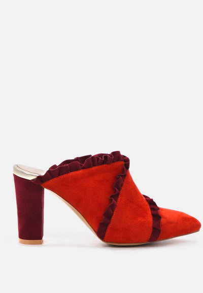 venessa blush high heel pointed mules with ruffles#color_red