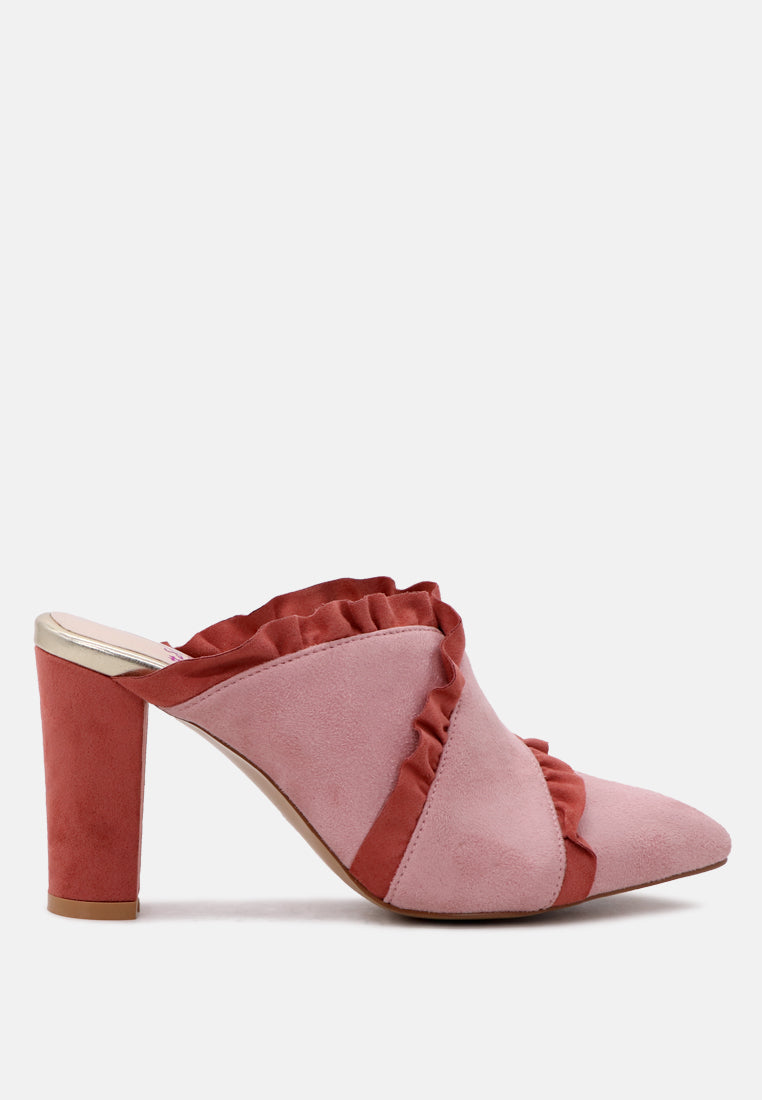 venessa blush high heel pointed mules with ruffles#color_blush