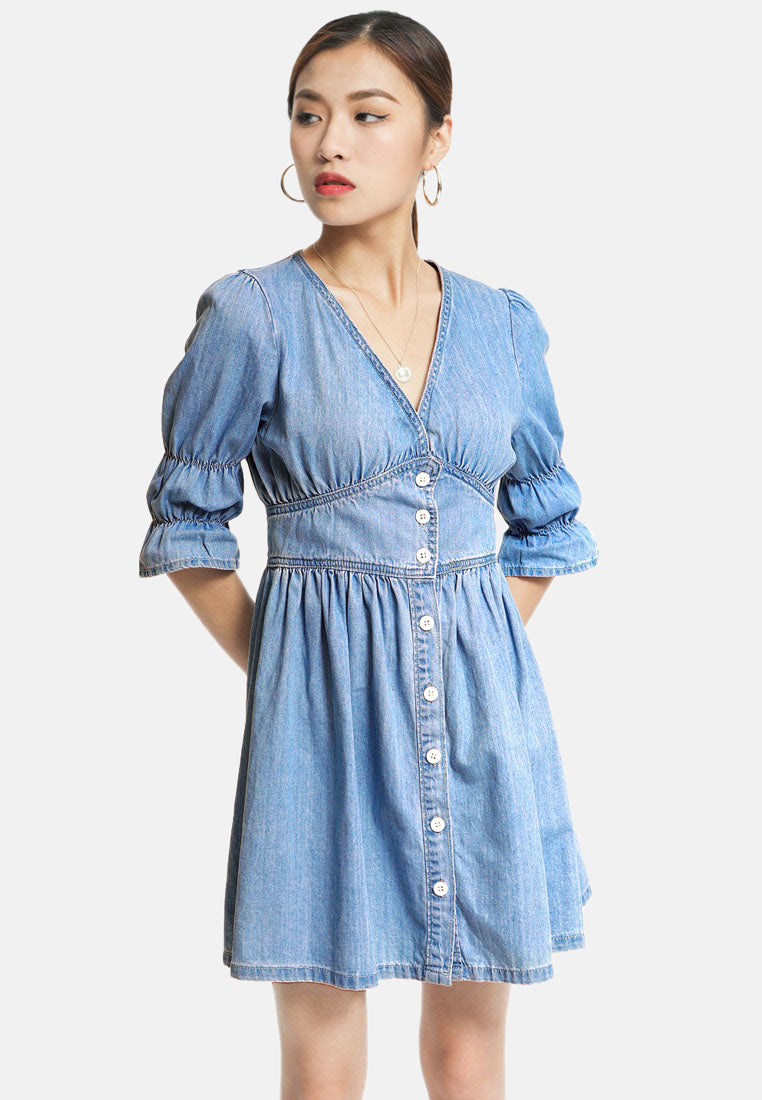 vintage multi panel denim dress#color_light-blue