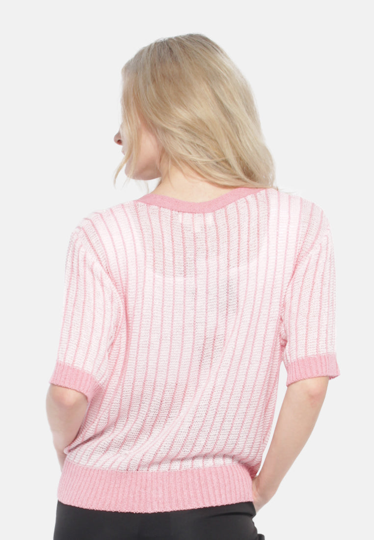 v neck cable knitted top#color_pink
