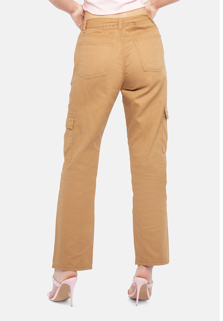 waist bow tie paper bag pants#color_khaki