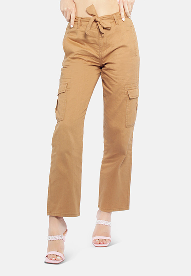 waist bow tie paper bag pants#color_khaki
