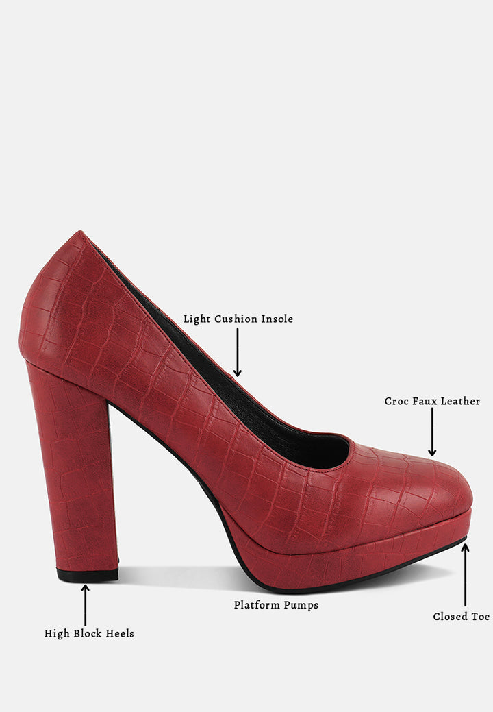 whitley croc texture high block heel pumps by ruw#color_red