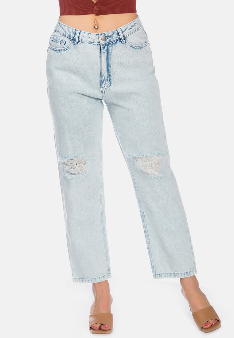 wide fit washed ripped jeans pants#color_light-blue