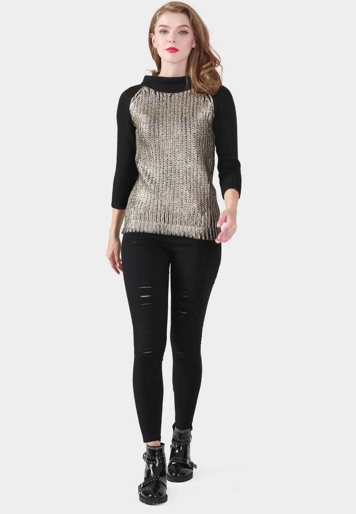 wide turtle neck metallic print knit sweater#color_black