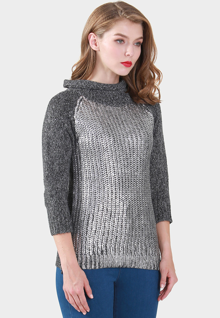 wide turtle neck metallic print knit sweater#color_grey