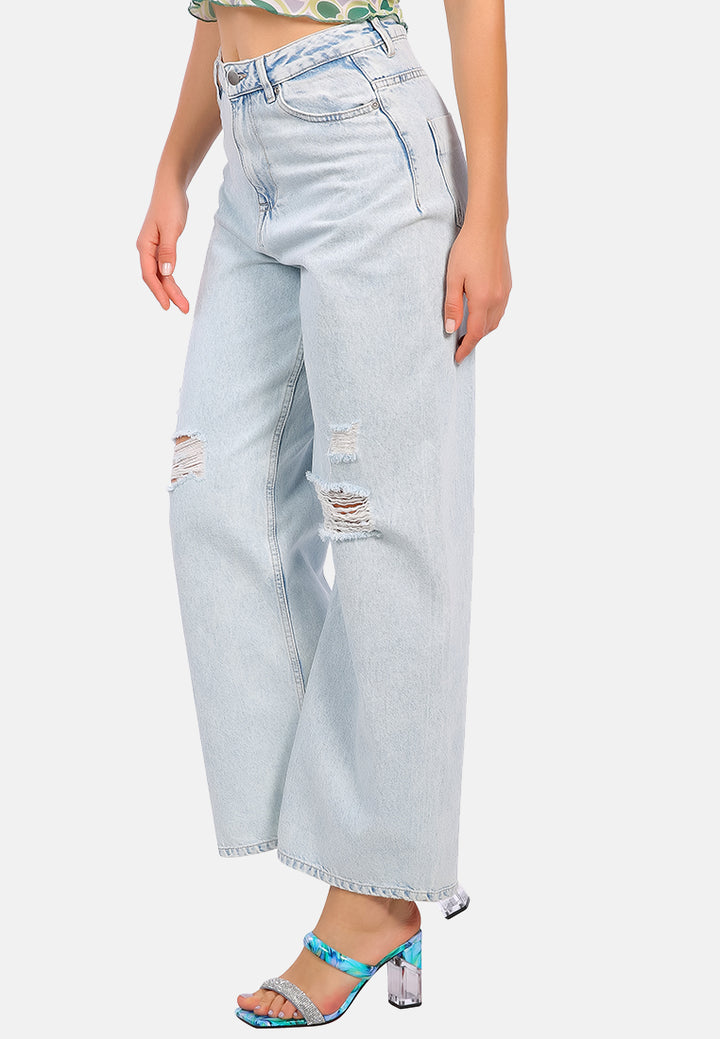 wide washed distressed jeans pants#color_light-blue