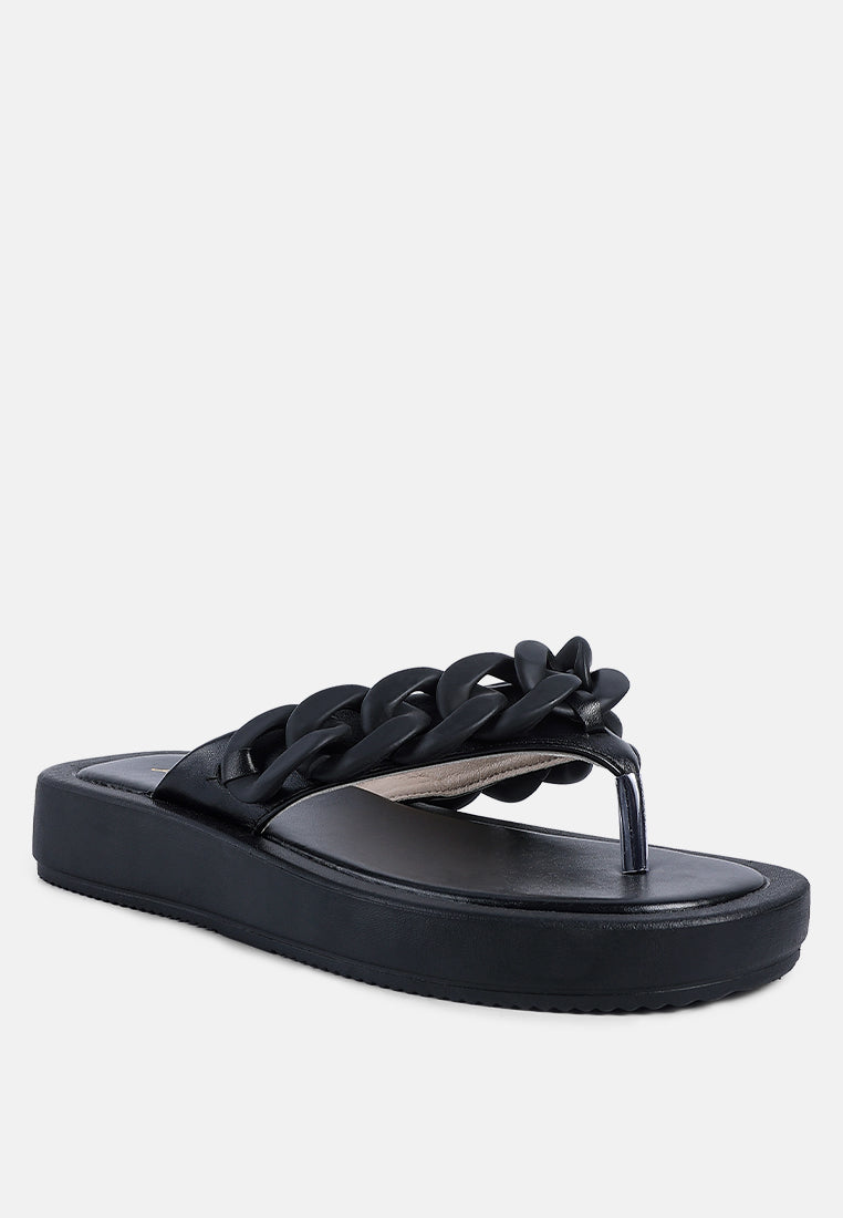 xing metal chain thong sandals#color_black