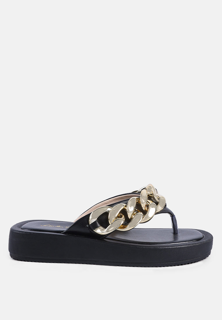 xing metal chain thong sandals#color_black-gold
