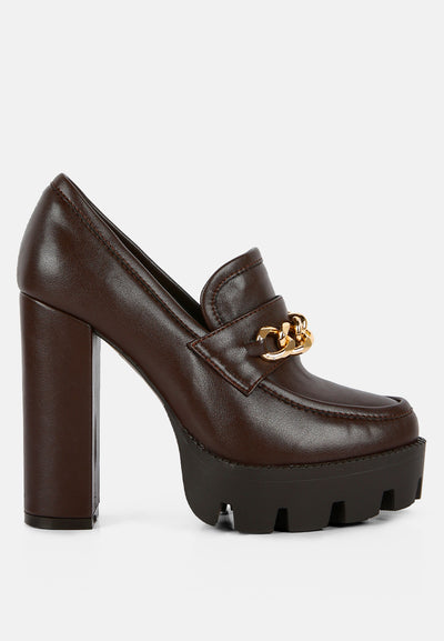 y2k chunky high block heeled loafers#color_brown
