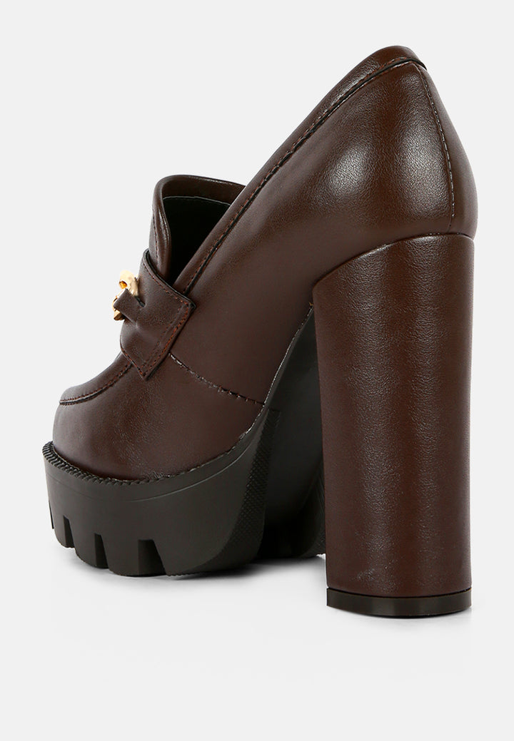 y2k chunky high block heeled loafers#color_brown