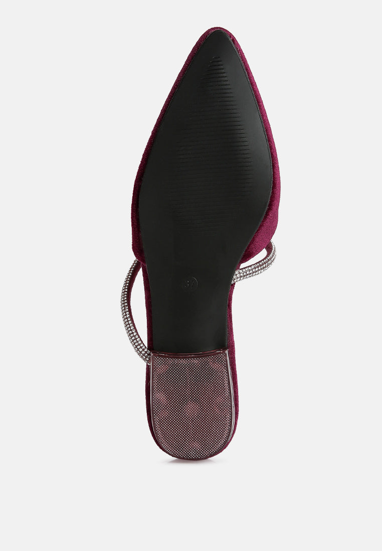 turnon velvet diamante detail flat mules by ruw#color_burgundy