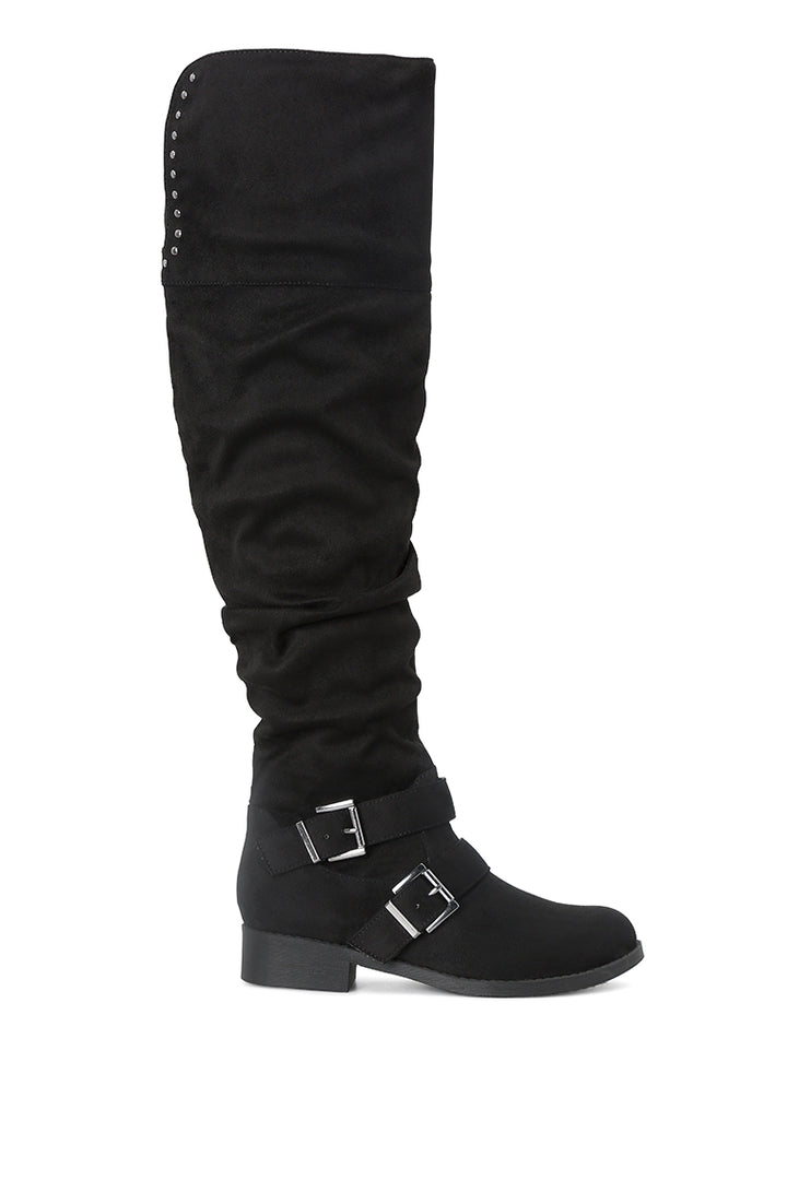 EMANUELLE Black Knee Boots with Adjustable Buckle#color_black