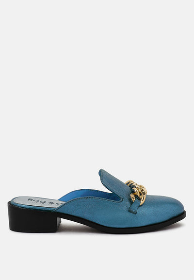 aksa chain embellished metallic leather mules#color_blue