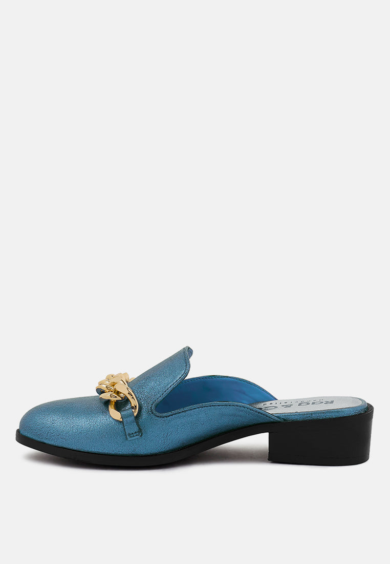 aksa chain embellished metallic leather mules by ruw#color_blue
