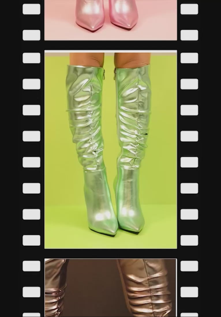 new expession metallic ruched stiletto calf boots#color_mint-green