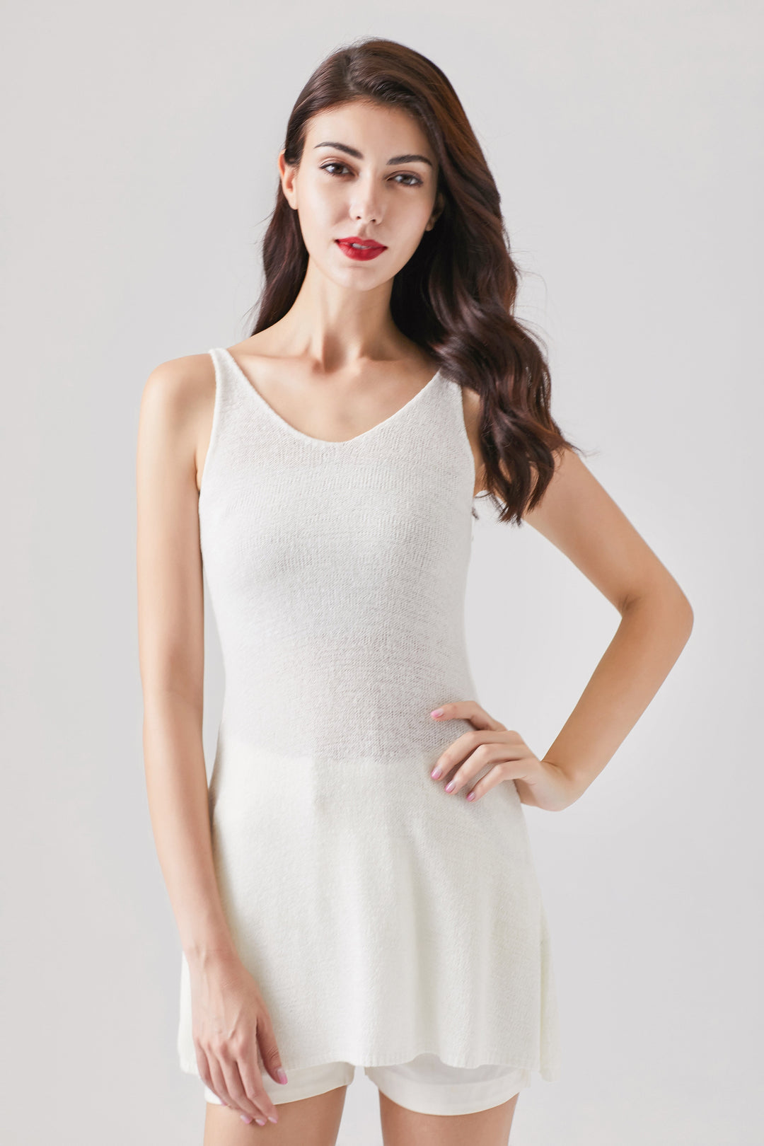 spaghetti knitted tunic top#color_white