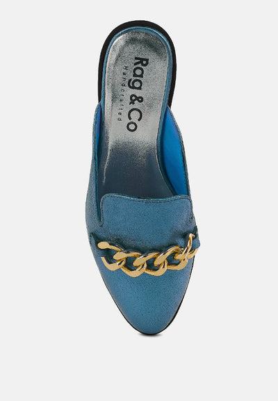 aksa chain embellished metallic leather mules#color_blue