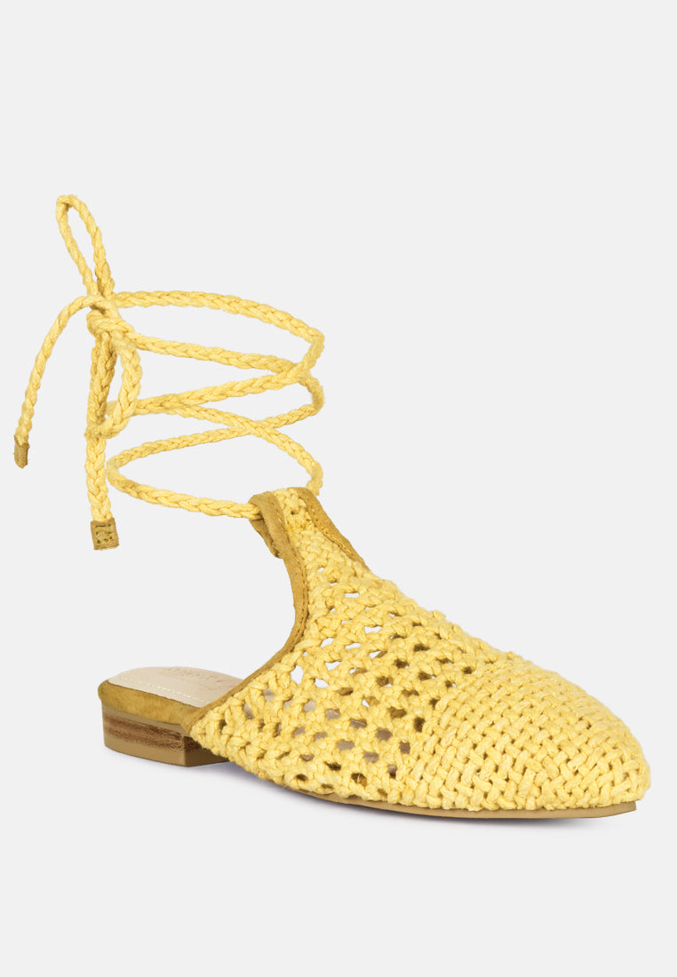 bartsi handwoven cotton tie up mule flats#color_yellow