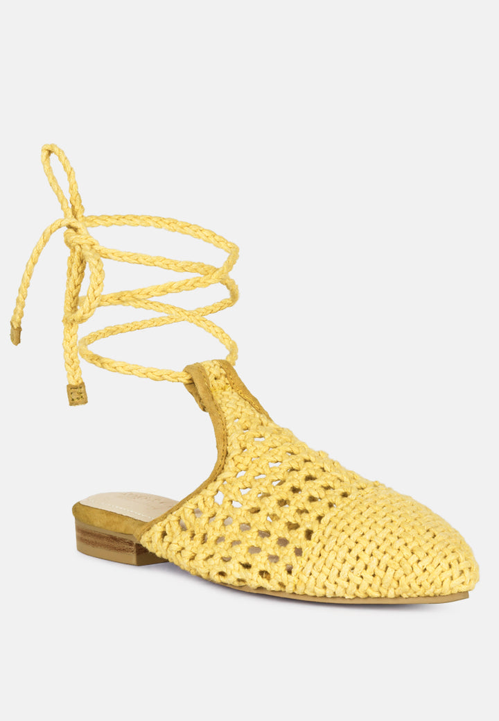 bartsi handwoven cotton tie up mule flats#color_yellow