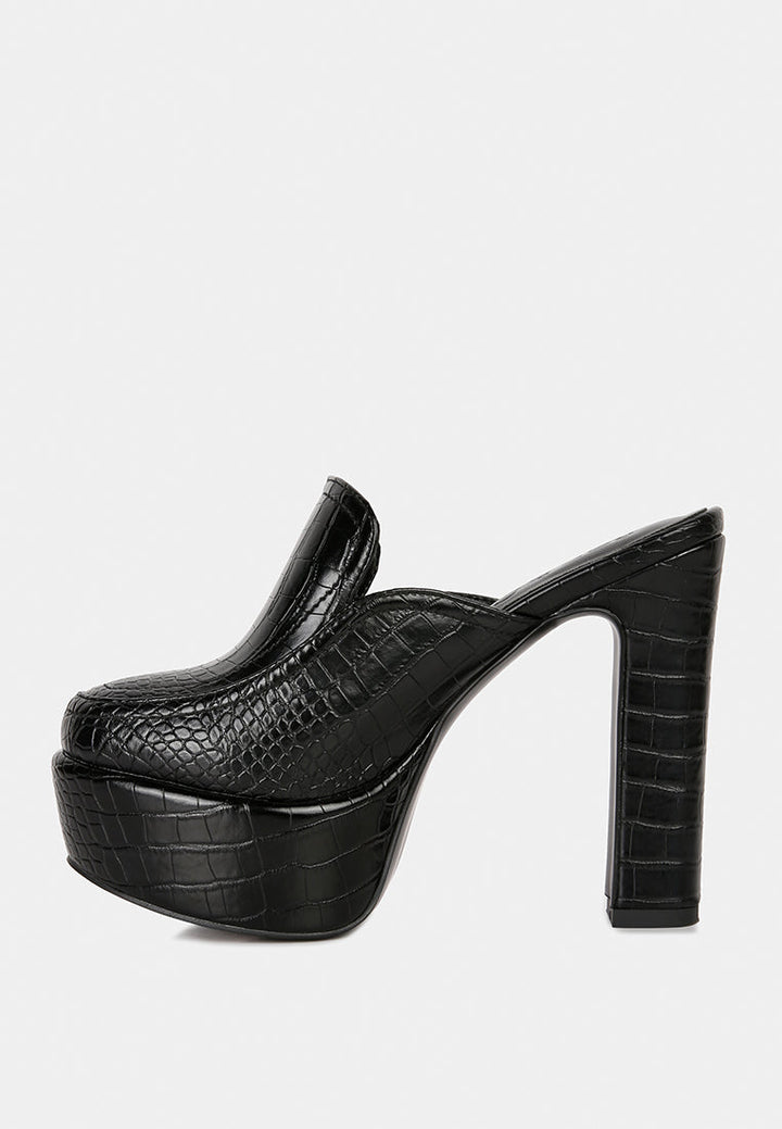 bauhaus croc pattern heeled platform mules by ruw#color_black