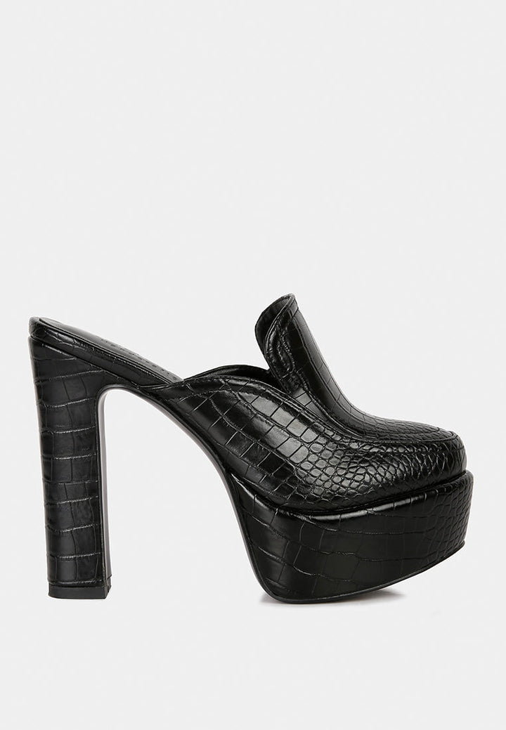 bauhaus croc pattern heeled platform mules#color_black