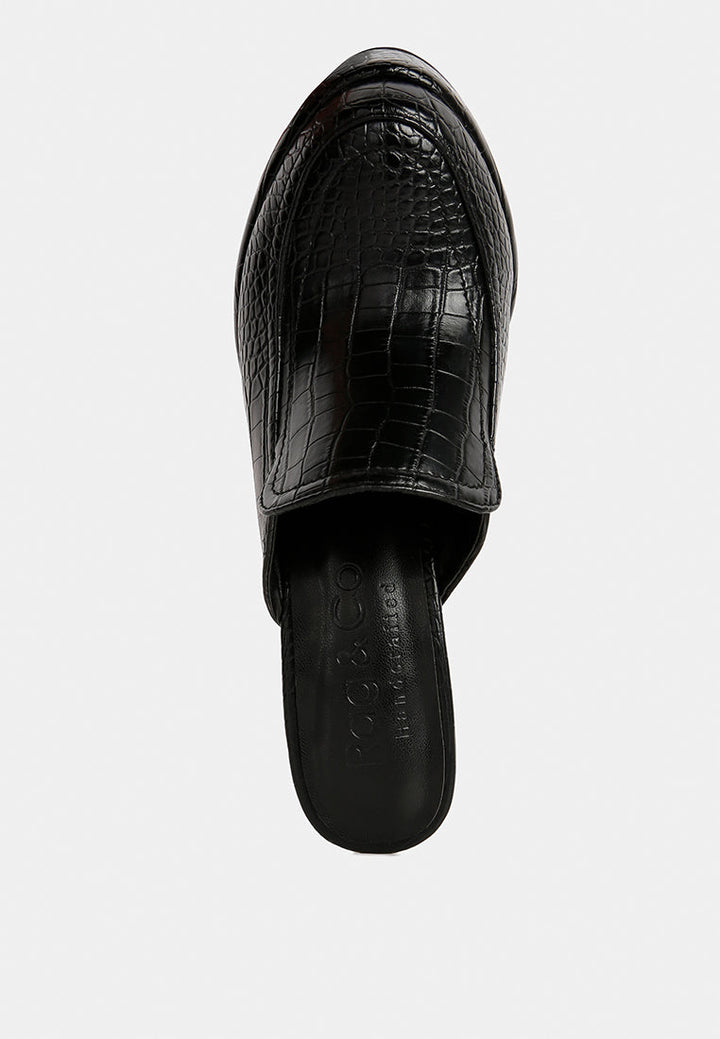bauhaus croc pattern heeled platform mules#color_black