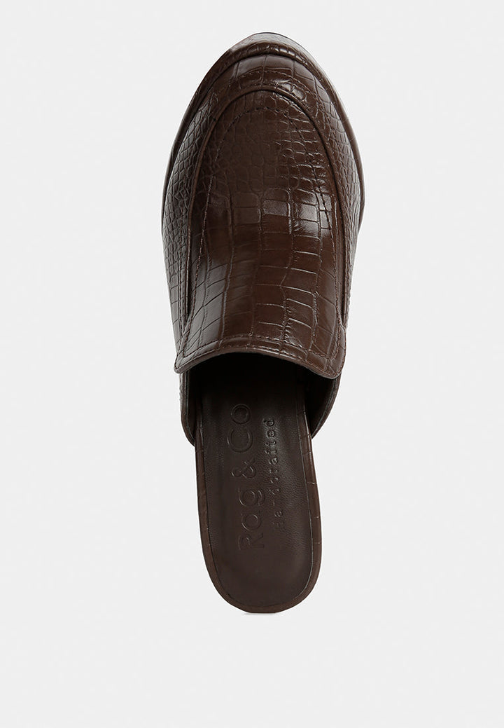 bauhaus croc pattern heeled platform mules by ruw#color_brown