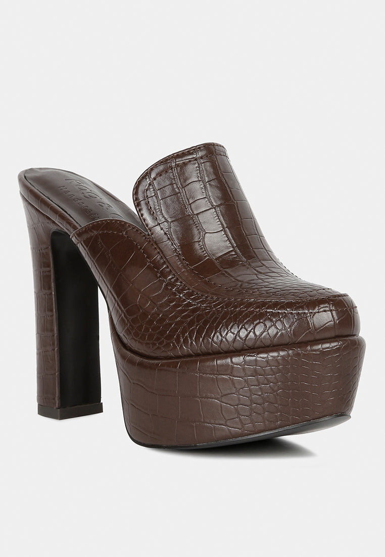 bauhaus croc pattern heeled platform mules#color_brown