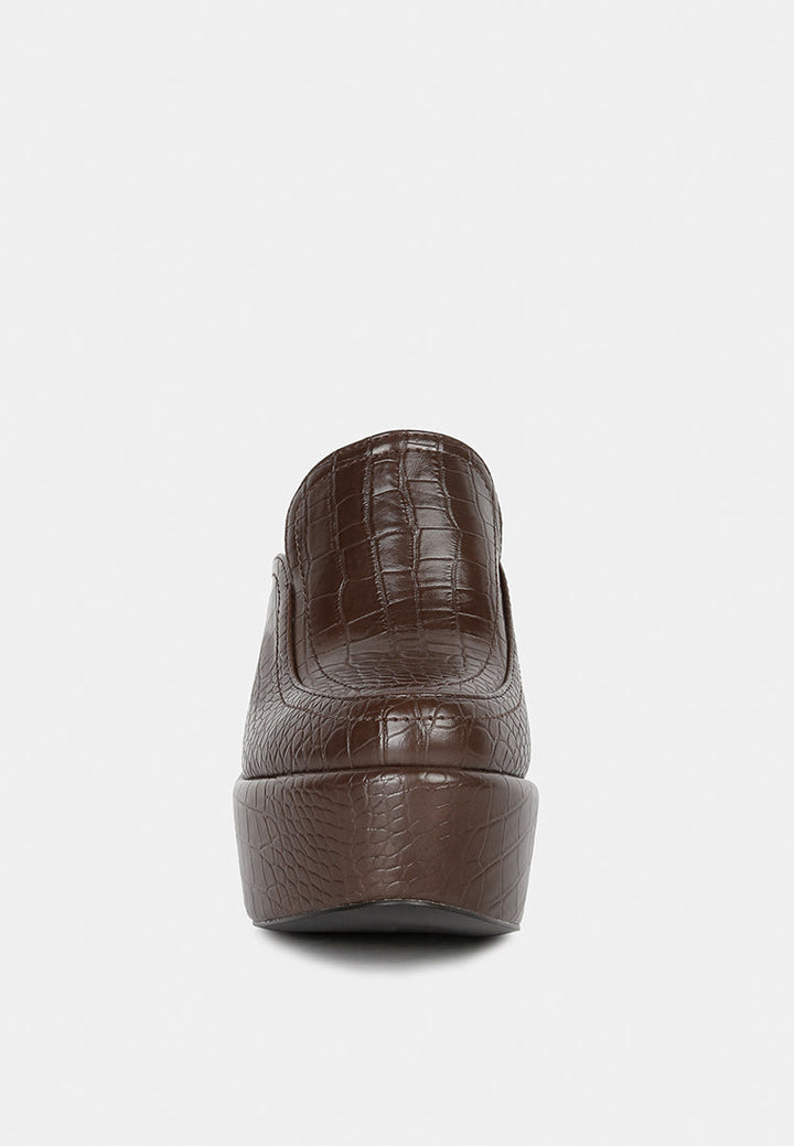 bauhaus croc pattern heeled platform mules by ruw#color_brown