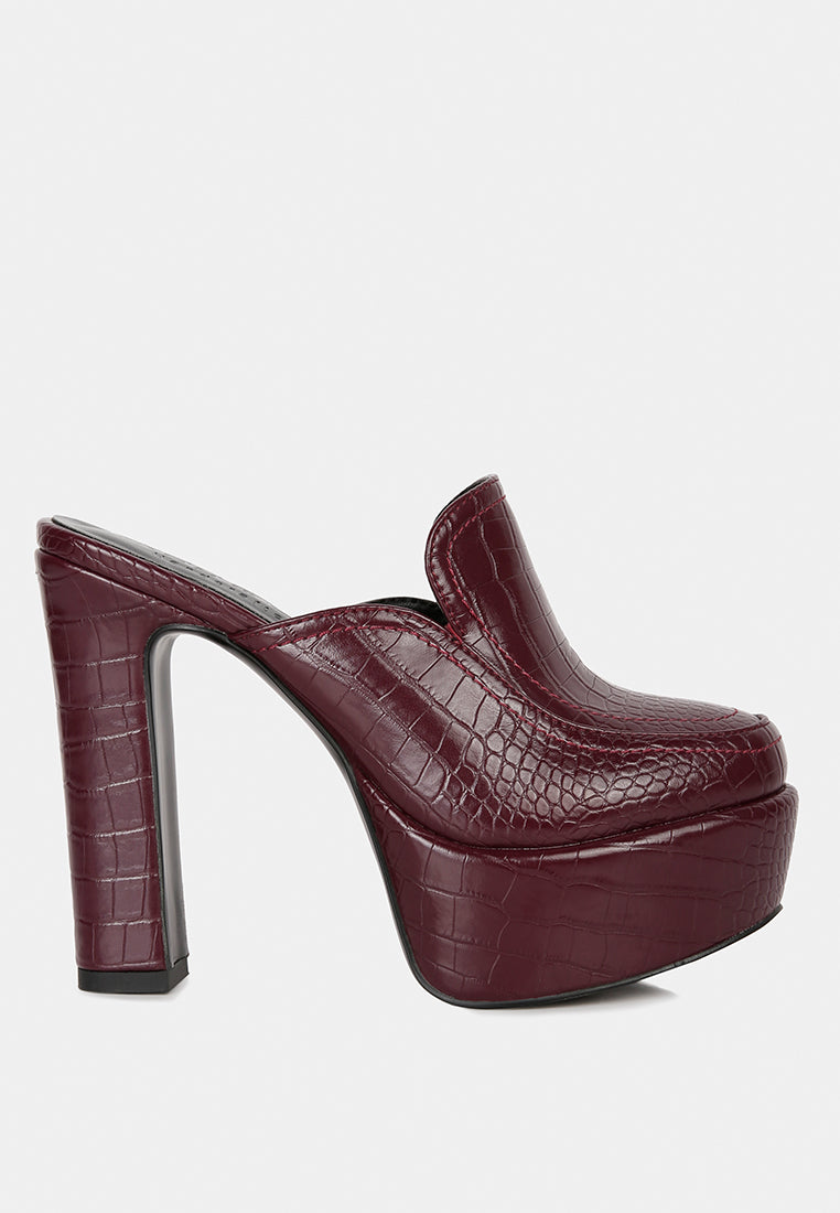 bauhaus croc pattern heeled platform mules by ruw#color_burgundy