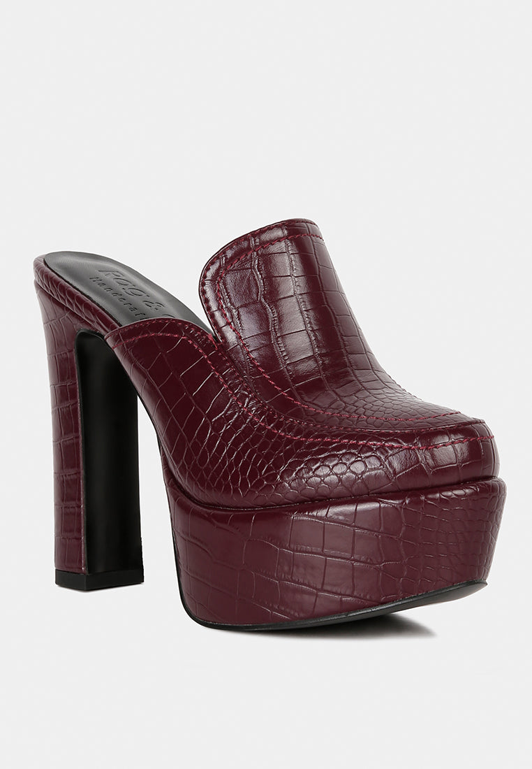 bauhaus croc pattern heeled platform mules#color_burgundy