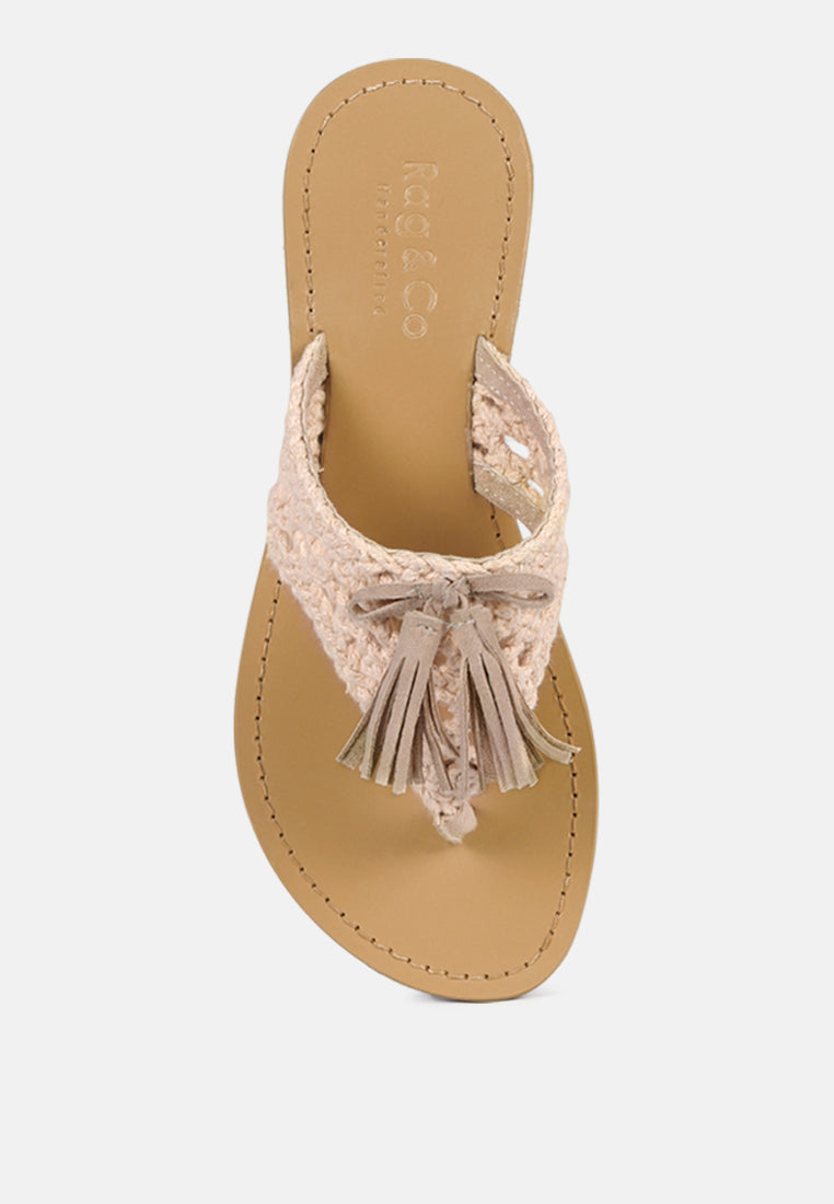 beech handwoven natural suede tassel thong flats by ruw#color_latte
