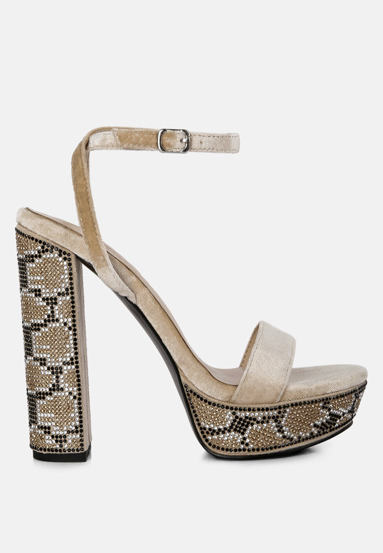 zircon rhinestone patterned high heel sandals#color_beige