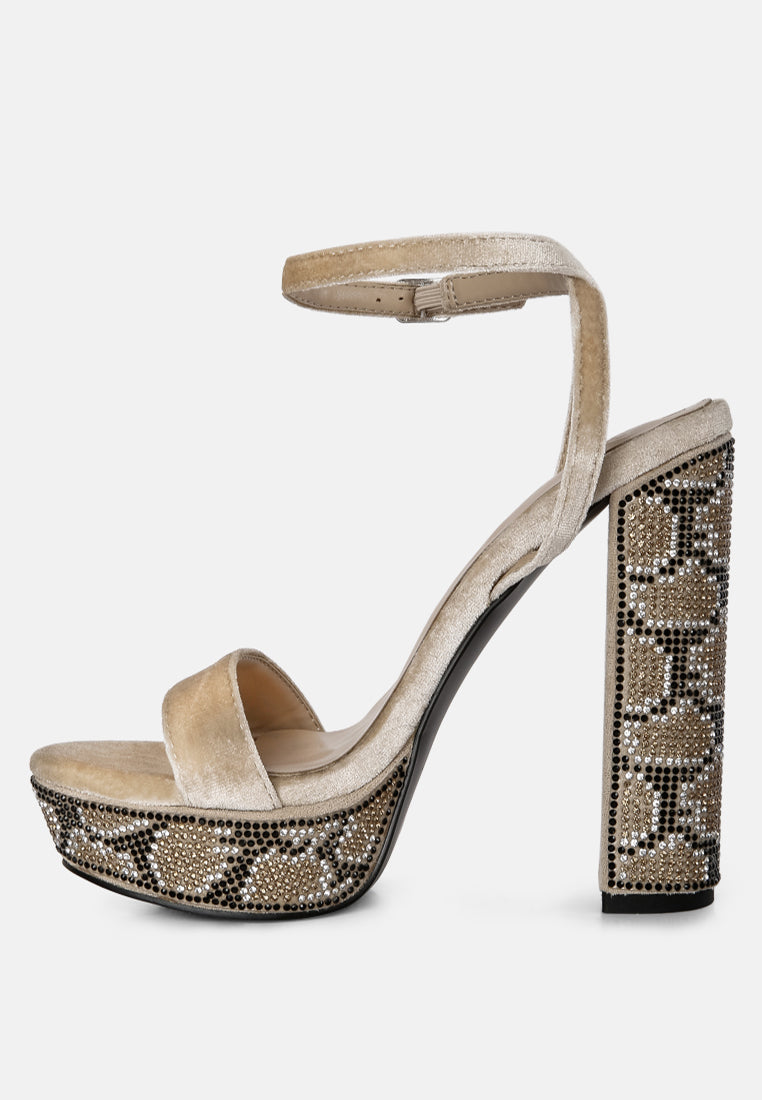zircon rhinestone patterned high heel sandals#color_beige