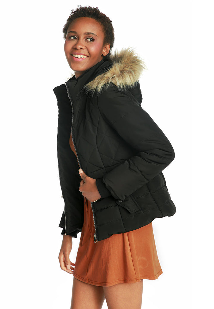 faux fur hooded puffer jacket#color_black