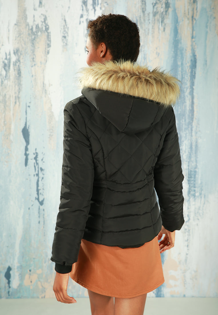 faux fur hooded puffer jacket#color_black