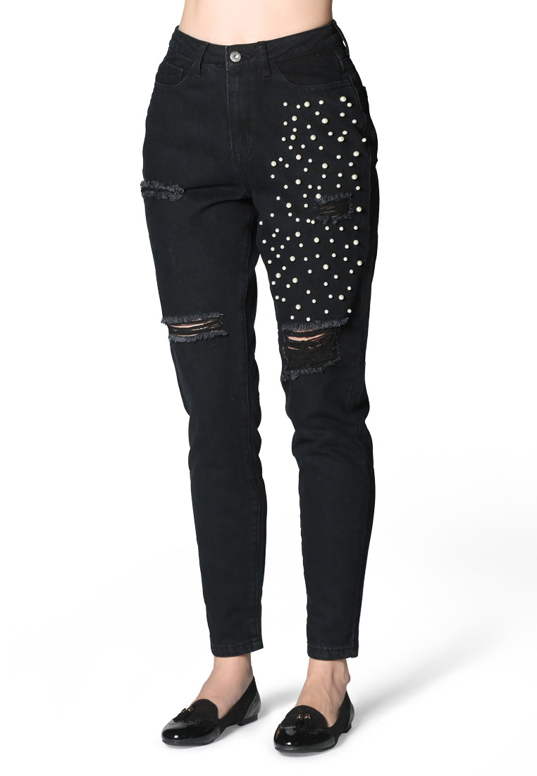 ripped and pearl stud straight fit jeans#color_black