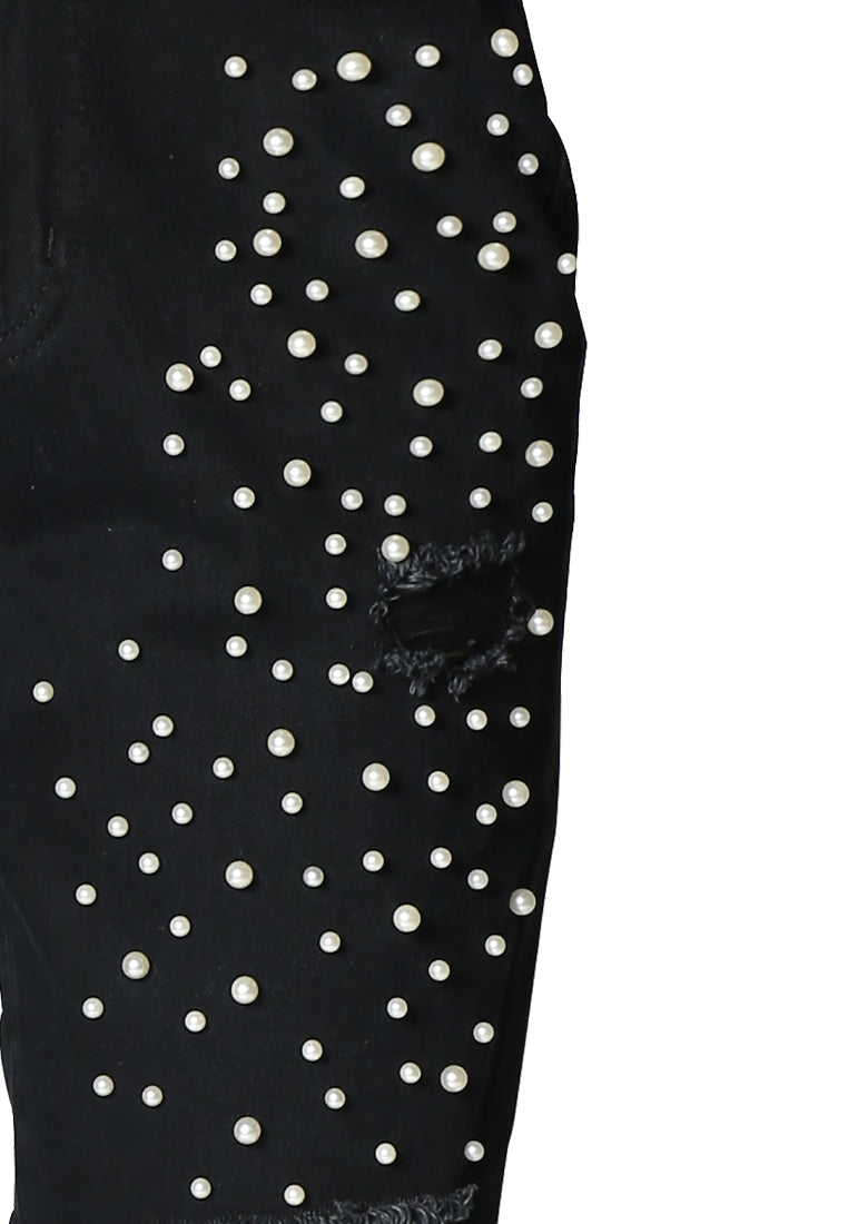ripped and pearl stud straight fit jeans#color_black
