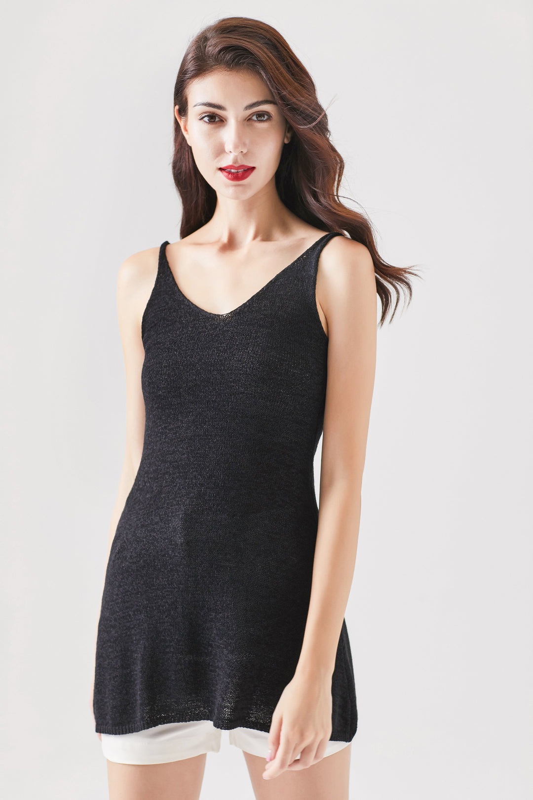 spaghetti knitted tunic top#color_black