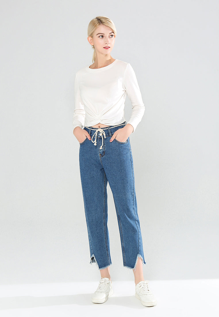denim jeans with frayed bottom construction#color_blue