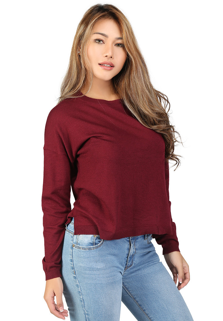 crew neck knit sweater#color_burgundy