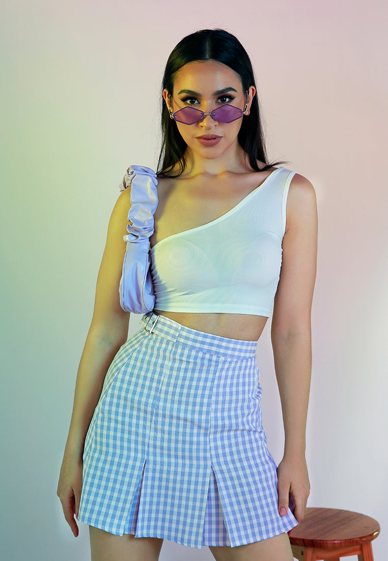 high waist checkered pleated mini skirt#color_purple