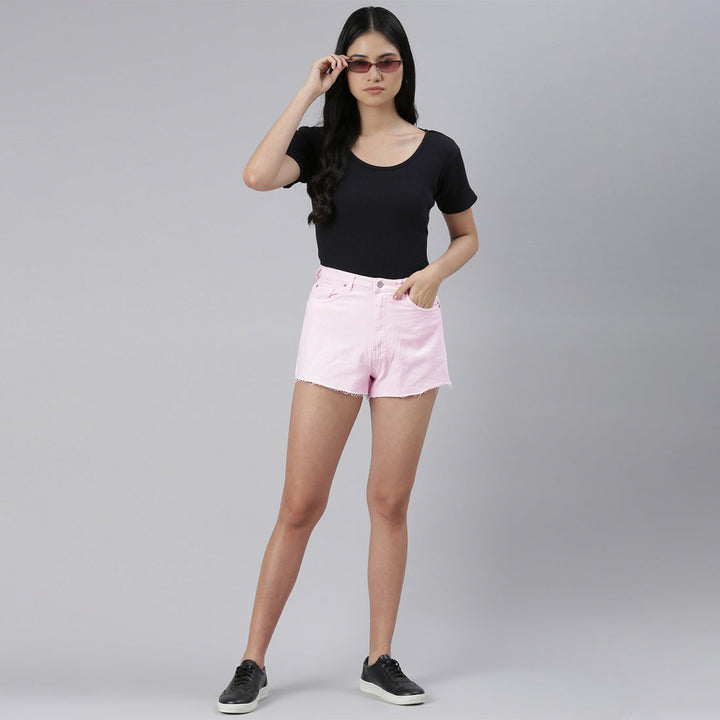 pink jeans high waist raw hem shorts#color_pink