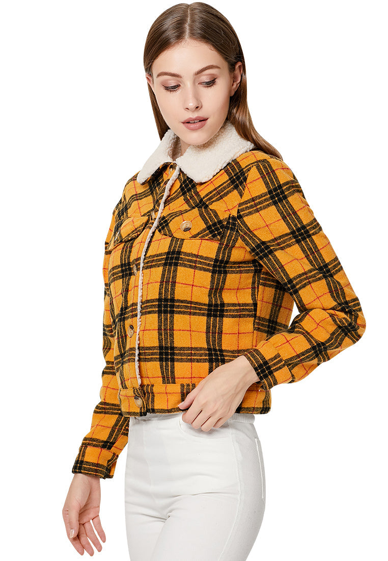 checkered faux fur trucker jacket#color_yellow-black