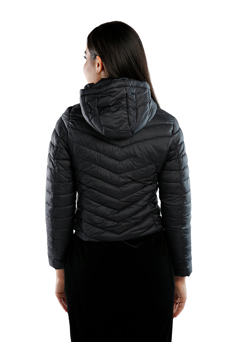 chevron pattern puffer hoodie#color_black