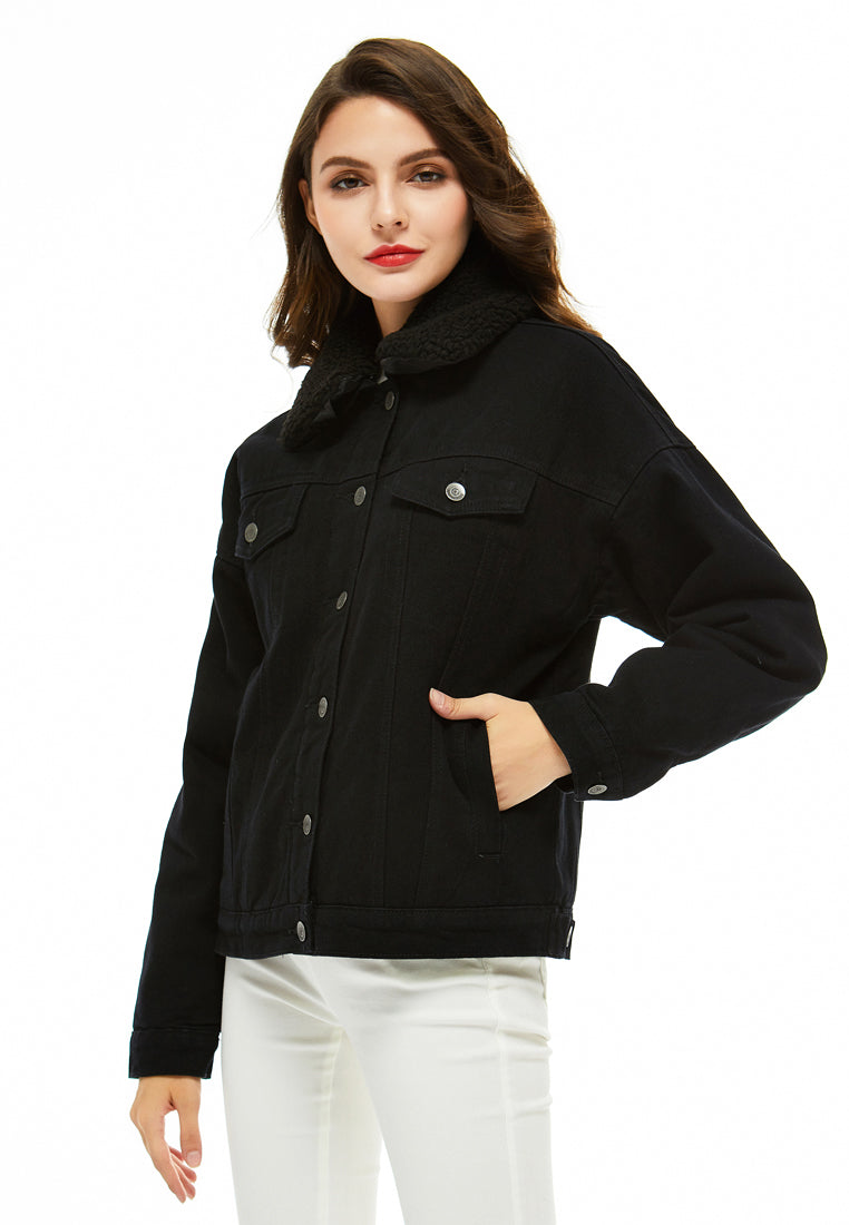 solid borg collar jacket#color_black