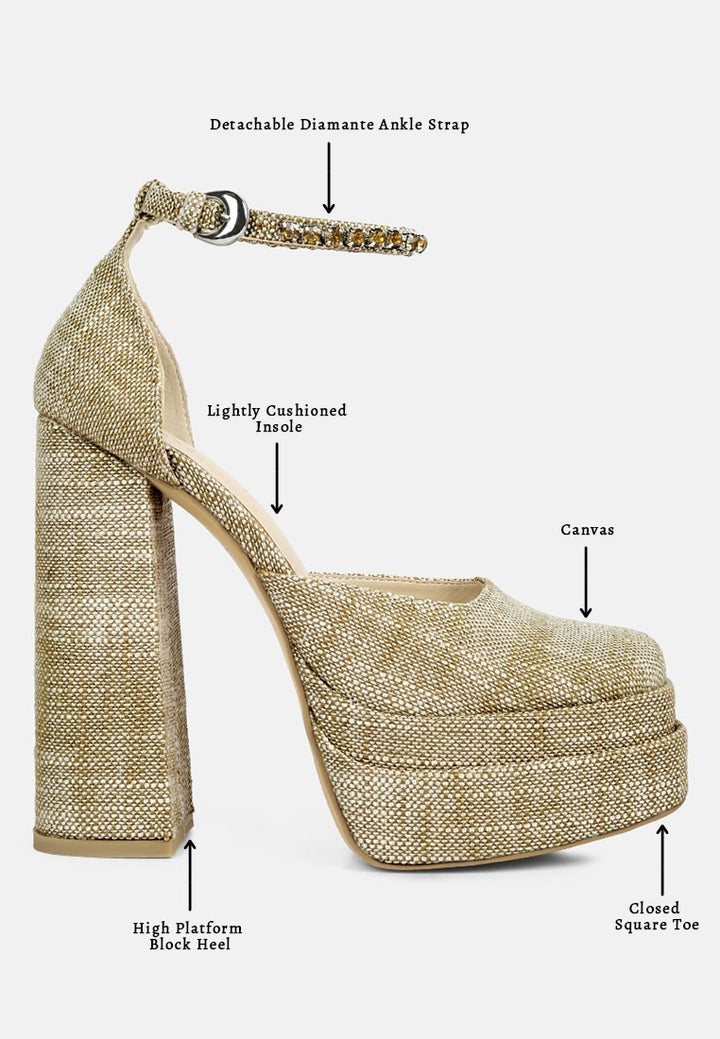diamanate embellished ankle strap high block heel sandals#color_brown