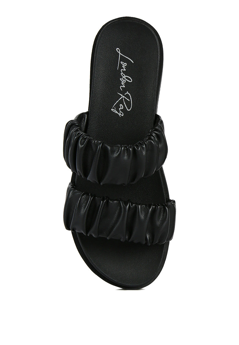 faux leather ruched strap platform sandals#color_black